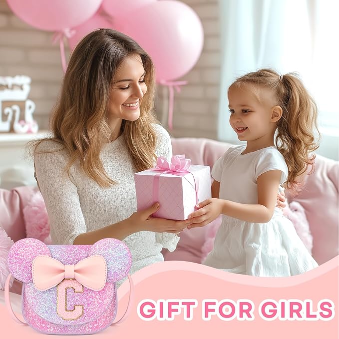 mibasies Toddler Purse Girl Gifts: Girls Birthday Gifts for 3-8 - Toys for Ages 2-4 Girls Mouse Ears Purse, Purple Rainbow, Letter C
