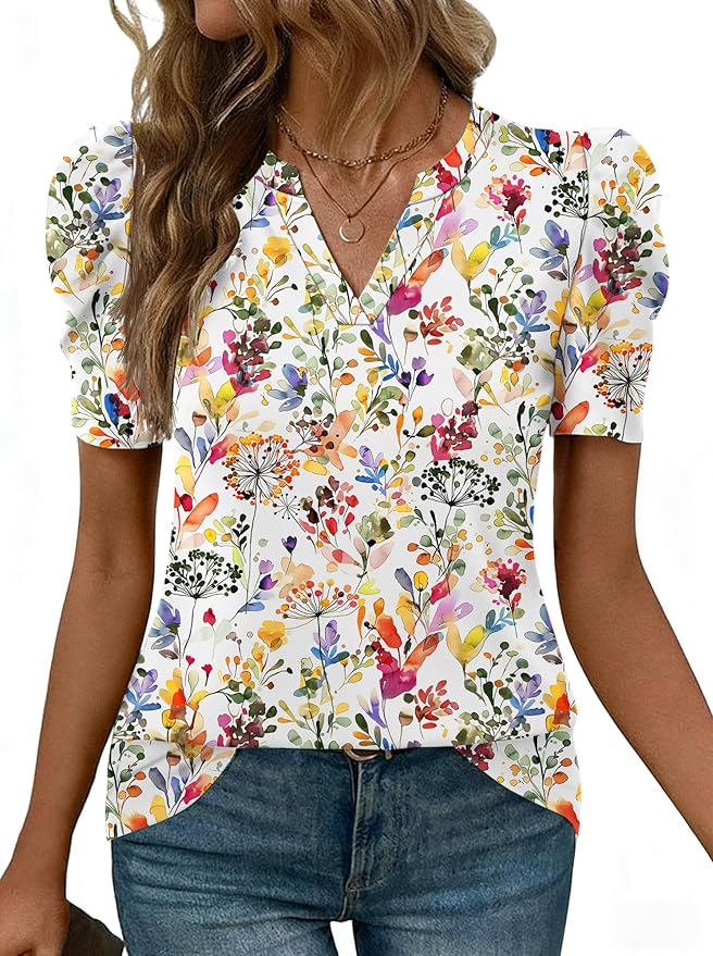 Lomon Spring Summer Tops for Women 2026 V Neck Puff Short Sleeve Tops Fashion Trendy Work Blouses Dressy Casual S-XXL
