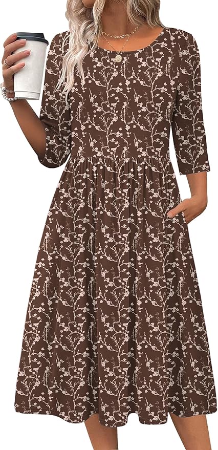 Zeagoo 3/4 Sleeve Women's Dress Casual Flowy A-Line Midi Tshirt Dresses with Pockets Crewneck Vocation Boho Beach Sundress