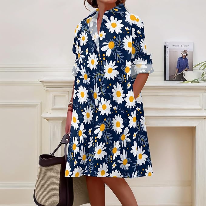 Shirt Dresses for Women 2025 Summer Long Sleeve Casual Plus Size Floral Printed Beach Vacation Dress with Pockets