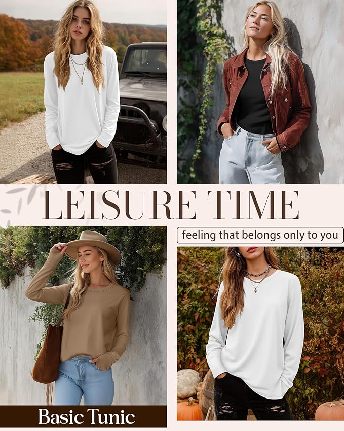Huukeay 3 Pack Women's Long Sleeve Shirts with Thumb Holes, Cotton Casual Crew Neck Tunic Tops Fall Loose Y2k Trendy Outfits