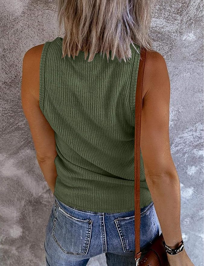 MEROKEETY Women's 2026 Summer Sleeveless Tank Tops V Neck Ribbed Dressy Casual Henley Shirts Button Loose Cami Tees