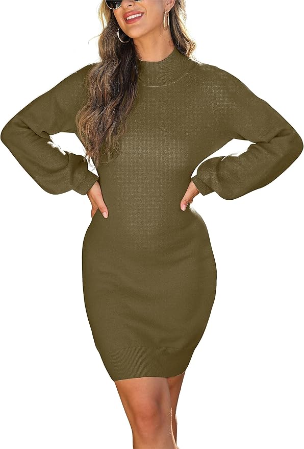GRECERELLE 2026 Women's Mock Neck Ribbed Long Sleeve Bodycon Pullover Cute Mini Sweater Dress (XS-2XL)