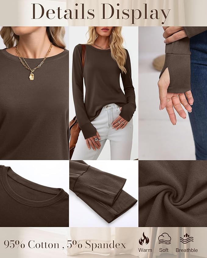 Huukeay 3 Pack Women's Long Sleeve Shirts with Thumb Holes, Cotton Casual Crew Neck Tunic Tops Fall Loose Y2k Trendy Outfits