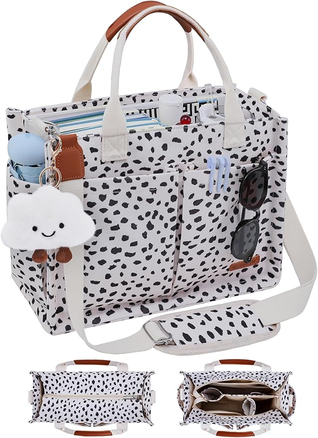BESBESME Canvas Tote Bag for Women with Zipper & Compartments– Large Work & College Laptop Tote Crossbody Shoulder Bag
