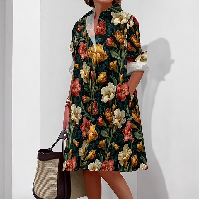 Shirt Dresses for Women 2025 Summer Long Sleeve Casual Plus Size Floral Printed Beach Vacation Dress with Pockets