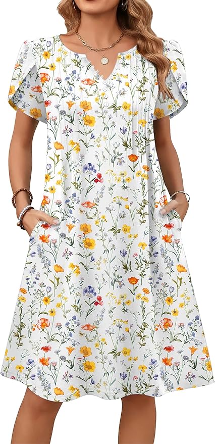 Zeagoo Women's Casual Dresses with Pockets Summer Floral V-Neck A-Line Tshirt Dress Short Sleeve Mini Dress Beach Sundress