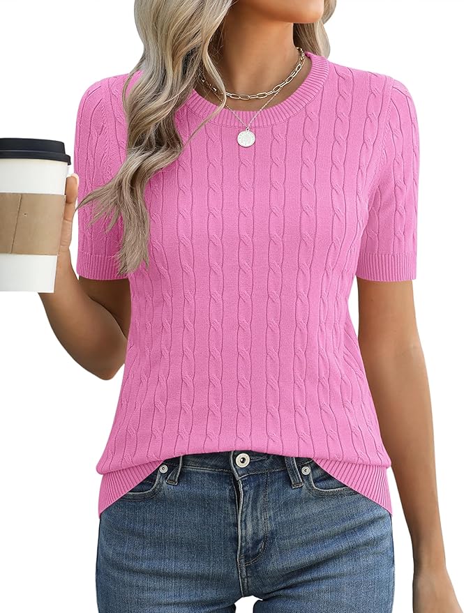 Micoson Womens Short Sleeve Cable Knit Sweater Tops Crewneck Lightweight Spring Summer Shirts Business Dressy Casual Outfits