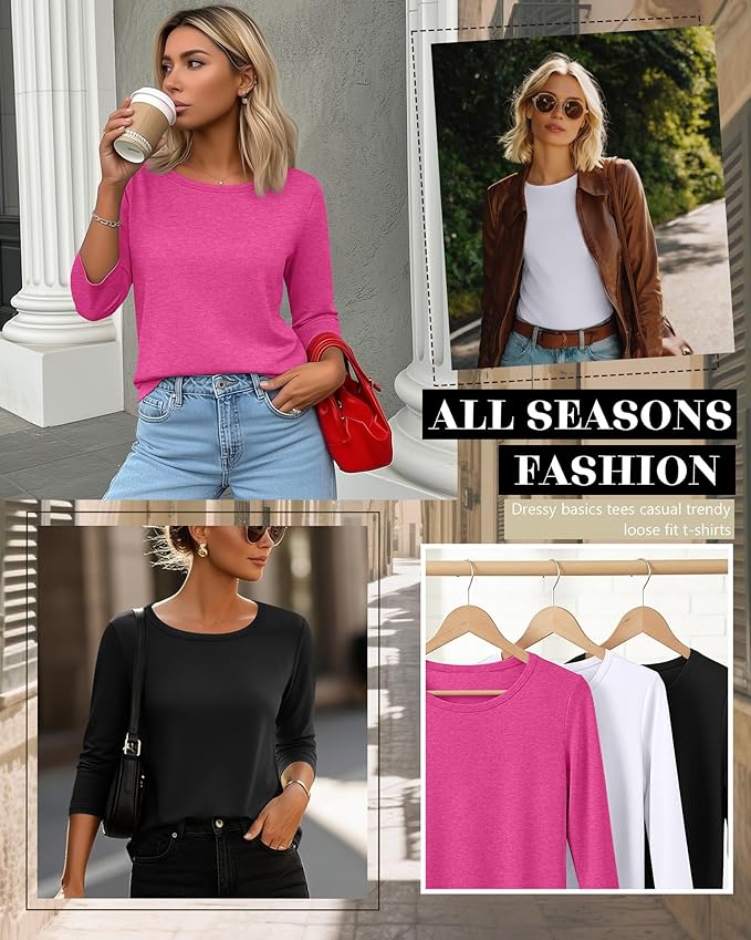 Ficerd 3 Pack 3/4 Sleeve Tops for Women Round Neck Dressy Basics Tees Casual Trendy Loose Fit T Shirts