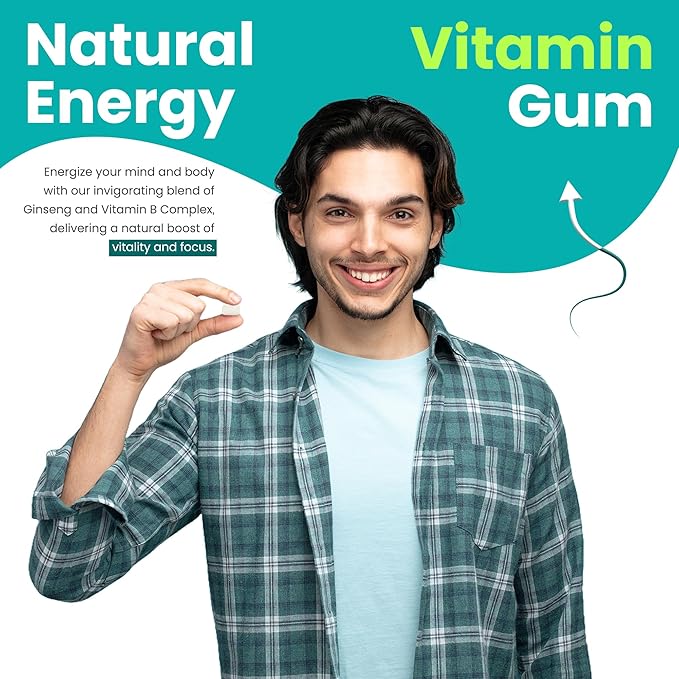 100% Xylitol Vitamin Gum | Sugar-Free, Natural Peppermint for Fresh Breath | Energy Booster, Low Dose Caffeine for sensitive individuals | B Complex, Ginseng | NO Aspartame / Sorbitol / Sucralose | NO Artificial Flavors / Colors | 60 Count