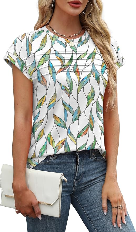 WEESO Womens Summer Tops Trendy 2026 Cap Sleeve T Shirts Crew Neck Pleated Front Beach Vacation Clothes Fashion