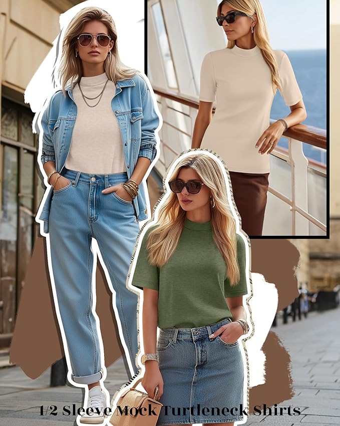 Ficerd 3 Pack Women's 1/2 Sleeve Mock Turtleneck Shirts, Elbow Length Shirt Half Sleeve Tunic Top Casual Summer Basic Tees