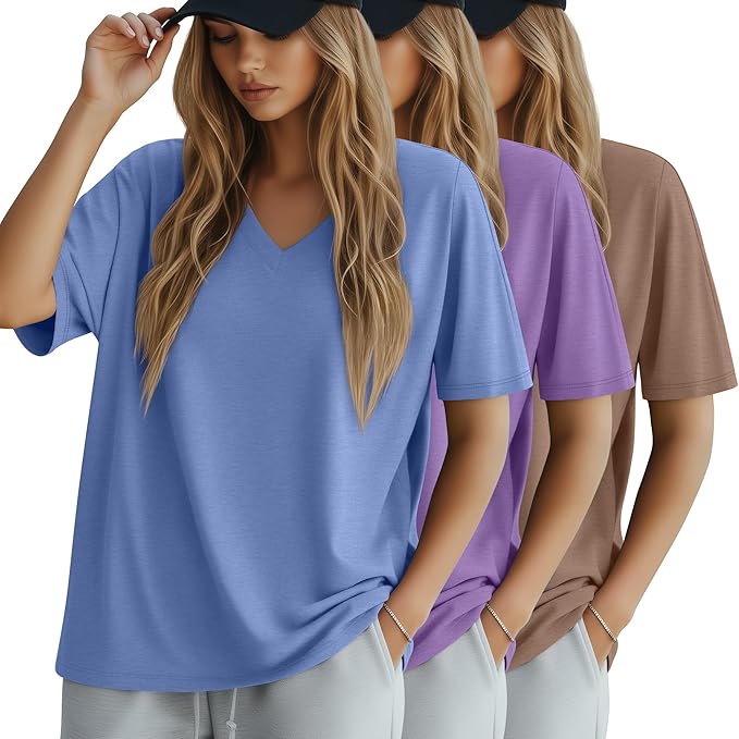 Huukeay Women's Cotton Oversized T Shirts 3 Pack V Neck Loose Fit Half Sleeve Tops Baggy Casual Summer Gym Workout Tees 2026
