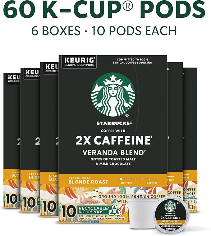 Starbucks K-Cup Coffee Pods, Starbucks Blonde Roast With 2X Caffeine, Hot or Iced Coffee, Veranda Blend, 60 Keurig Pods