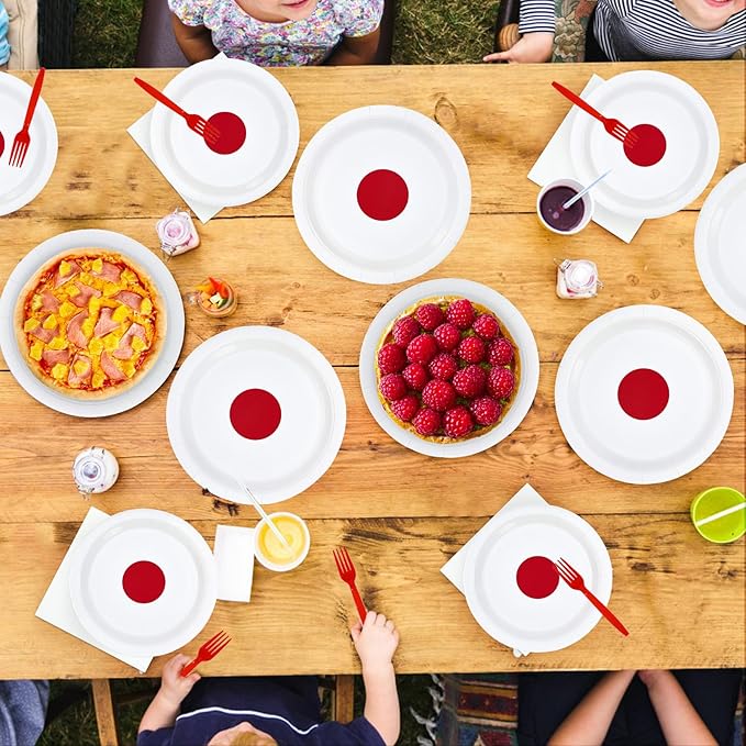 Greencian 96Pcs Japan Flag Party Decorations Hibachi Asian Japanese Style Plates and Napkins Hinomaru Flag Tableware Set for Japan Themed Party Supplies，Serves 24