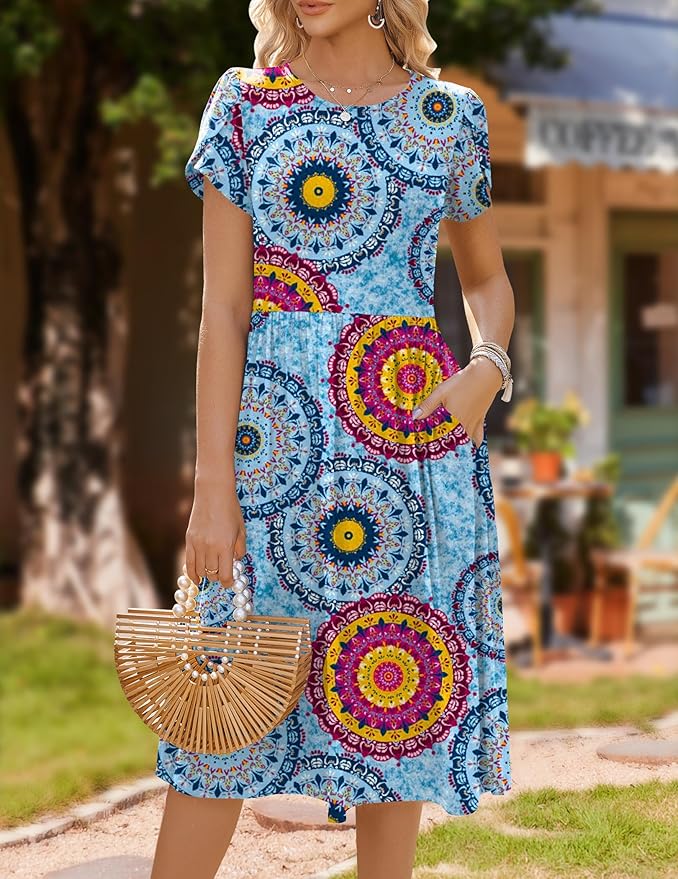HOTOUCH Women's Summer A-Line Midi Dresses 2026 Casual Floral Short Sleeve T-Shirt Dress Flowy Beach Sundress with Pockets