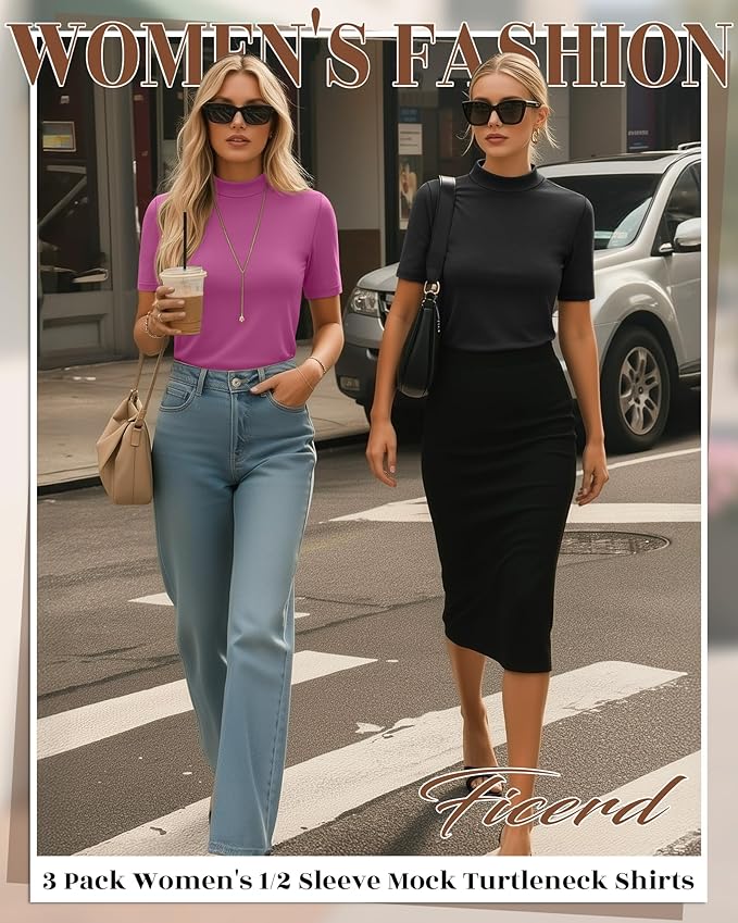 Ficerd 3 Pack Women's 1/2 Sleeve Mock Turtleneck Shirts, Elbow Length Shirt Half Sleeve Tunic Top Casual Summer Basic Tees