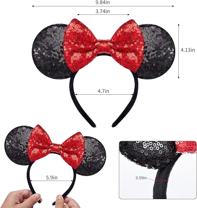 YUNISS 2 PCS Mouse Ears, Shiny Sequin Bow Mouse Ears Headbands for Adult Women Girls Christmas Birthday Party