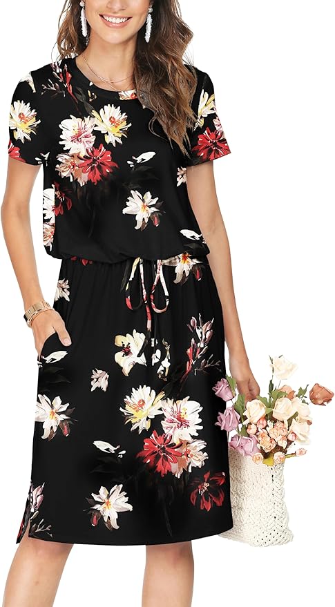 Simier Fariry Womens Spring Hide Belly Knee Length Travel Dress Pocket Summer Short Sleeve Midi Work Casual Outfits