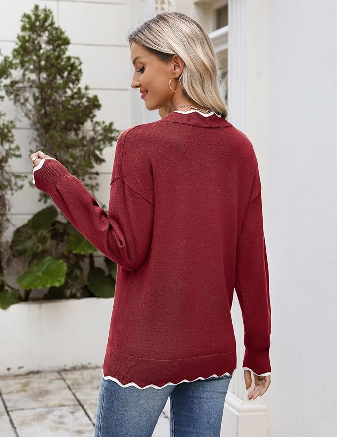 Zeagoo Women's 2026 Fall V Neck Sweater Casual Long Sleeve Lightweight Ribbed Knit Pullover Sweaters Dressy Casual Tops