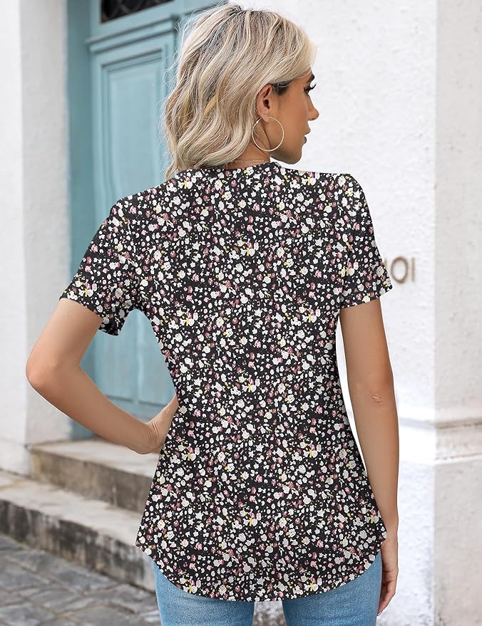 Kistore Womens Casual Crew Neck Short Sleeve Pleated Tops Blouses Fashion Clothes 2026