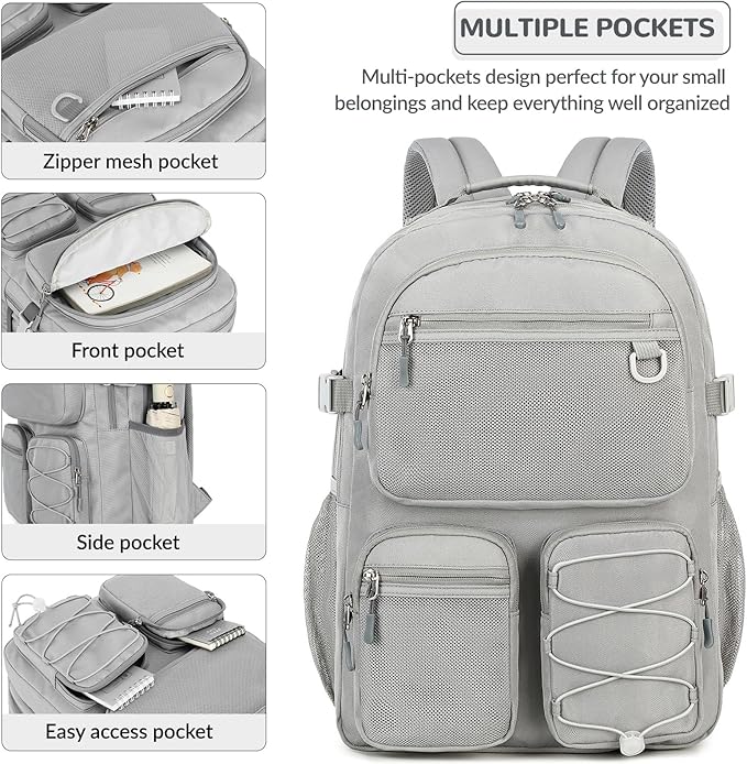 Lohol Water Resistant Daypack with Mulitiple Pockets for School Travel Outdoor College, 15.6 inch Laptop Backpack for Men and Women (Grey)
