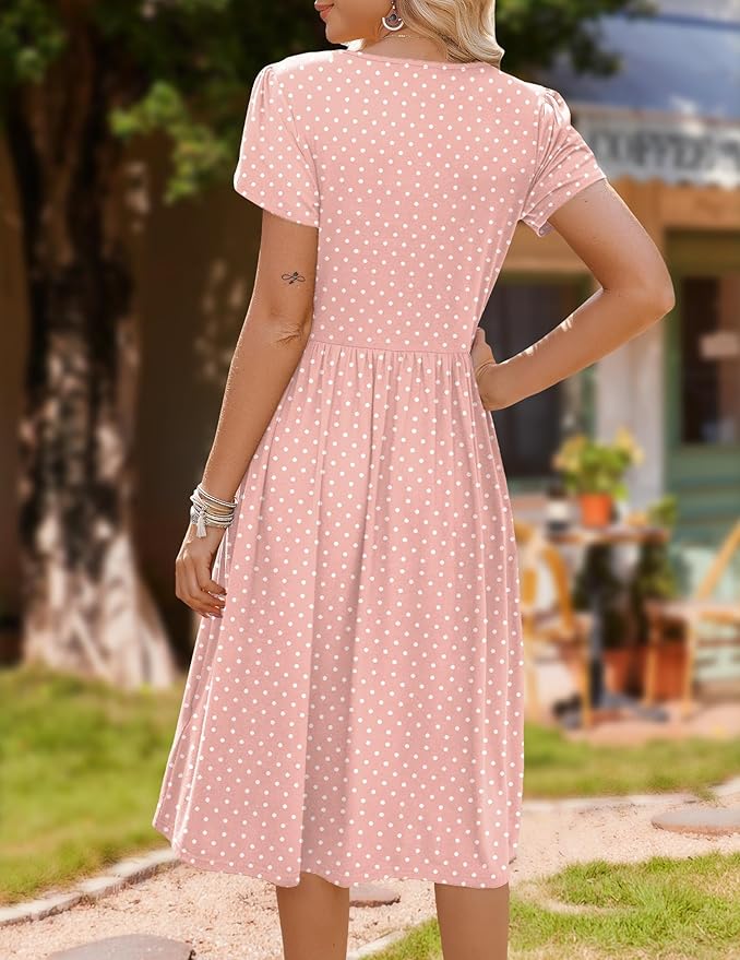HOTOUCH Women's Summer A-Line Midi Dresses 2026 Casual Floral Short Sleeve T-Shirt Dress Flowy Beach Sundress with Pockets