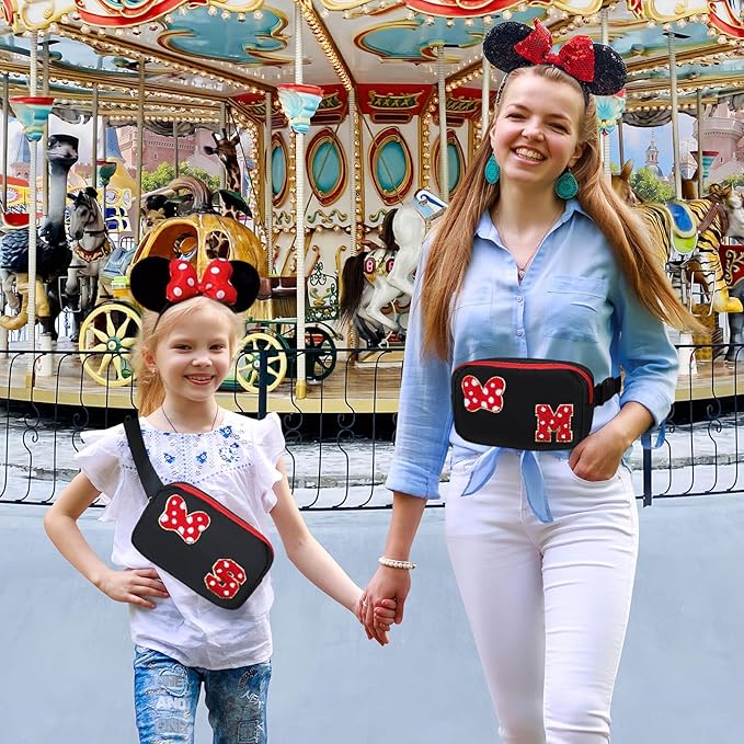 Chenille Initial Letter Bow Mouse Fanny Pack, Waterproof Park Crossbody Bag Christmas Birthday Gifts for Teen Girls Daughter Women Kids Adults, Cute Belt Bag Must Haves for Park Travel (M, Black)