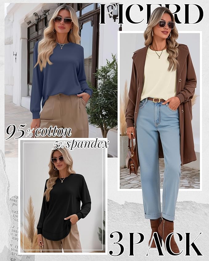 Ficerd 3 Pack Women's Long Sleeve Shirts, Cotton Crew Neck Tunic Tops Casual Loose Fit Pullover Sweatshirts Curved Hem Shirts