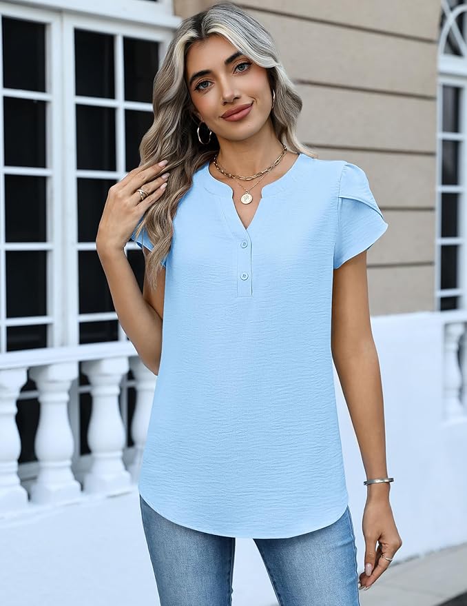 Zeagoo Womens Tops Dressy Casual Textured Blouses Cap Short Sleeve Shirts V Neck Button Up Summer Spring Work Tshirt Clothes