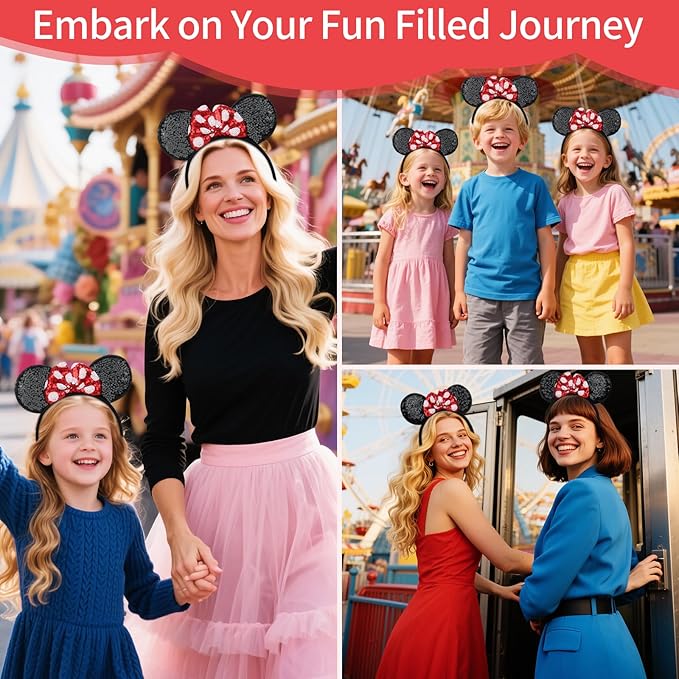 Sotaila 2 Pack Red Mouse Ears Headbands for Women Girls, Sequin Bow Headband for Cosplay Costume Birthday Party Decorations Hair Accessories