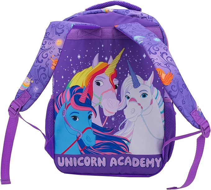 AI ACCESSORY INNOVATIONS Unicorn Academy 16” Backpack with Rainbow Hair Extension, School Bag for Girls Featuring Sophia & Wildstar, Purple