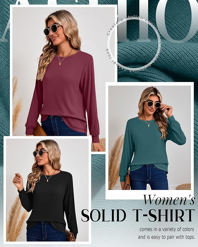 Ficerd 3 Pack Women's Long Sleeve Shirts, Cotton Crew Neck Tunic Tops Casual Loose Fit Pullover Sweatshirts Curved Hem Shirts