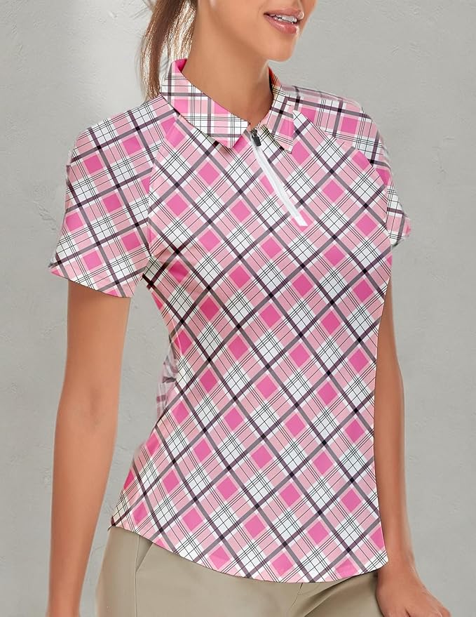 Women's Golf Shirt Short Sleeve Tennis Shirt Quarter Zip Golf Pullover Golf Polo Shirts Argyle Tops