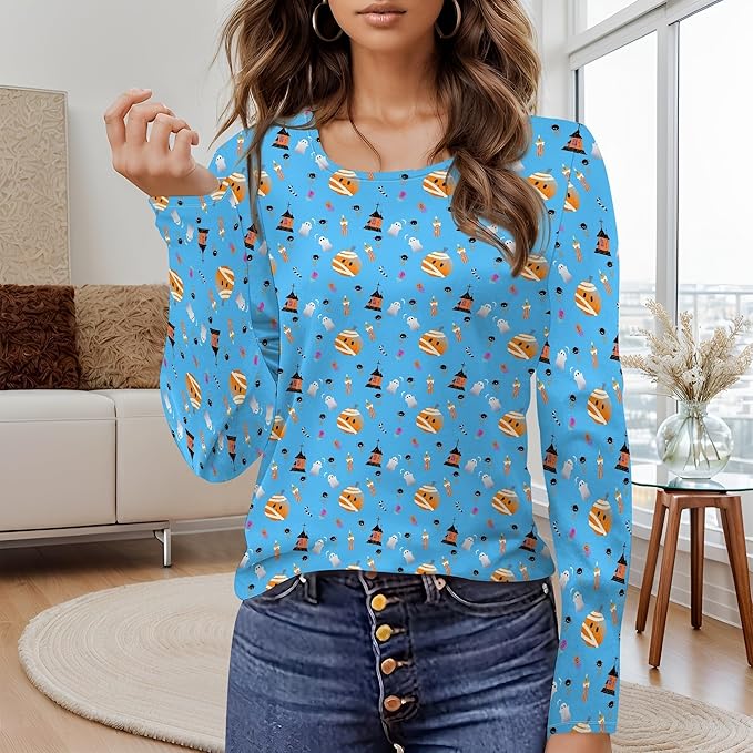 domirica Halloween Sweatshirts For Women Cute Pullover Fall Long Sleeve Pullover U-Neck Halloween Crazy Party Club Clothes