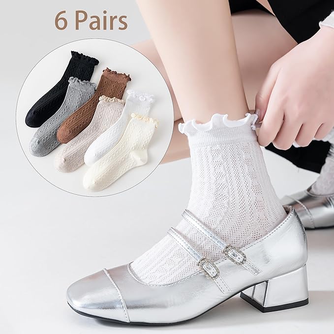 Mcool Mary Womens Crew Socks Ruffle Casual Cotton Frilly Breathable Cute Knit Lettuce Trim Dress Ankle Socks 6 Pack