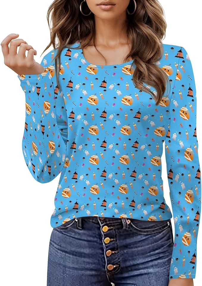 domirica Halloween Sweatshirts For Women Cute Pullover Fall Long Sleeve Pullover U-Neck Halloween Crazy Party Club Clothes