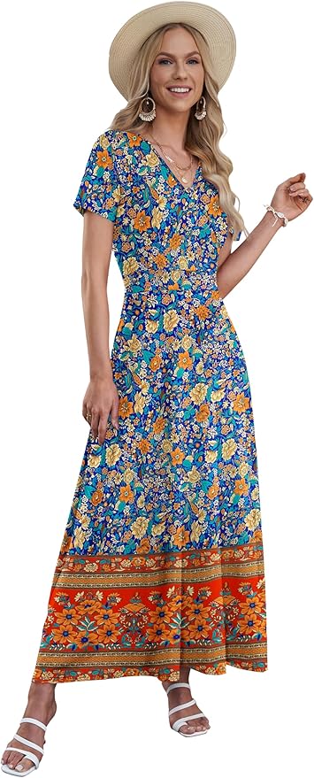 AUSELILY Maxi Dresses for Women Ankle Length Floral Print Beach Long Flowy Dress with Pockets