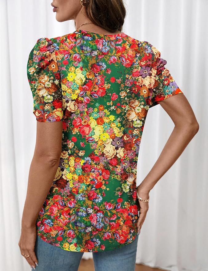 Lomon Spring Summer Tops for Women 2026 V Neck Puff Short Sleeve Tops Fashion Trendy Work Blouses Dressy Casual S-XXL