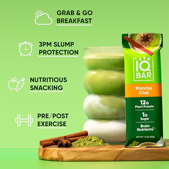 IQBAR Brain and Body Plant Protein Bars - Matcha Chai - 36-Count - Keto, Vegan, Low Carb, High Fiber, Gluten Free, Dairy Free, Low Sugar Snack with Nutrients for Focus, Energy, Meal Replacement