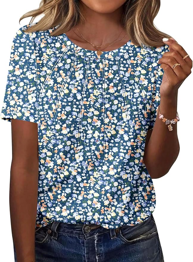 Kistore Womens Casual Crew Neck Short Sleeve Pleated Tops Blouses Fashion Clothes 2026