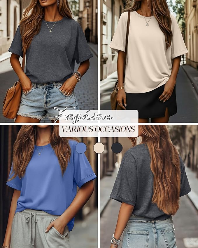 Riyiper 3 Pack Women's Oversized T-Shirt Half Sleeve Summer Tees Casual Loose Fit Crew Neck Basic Tops