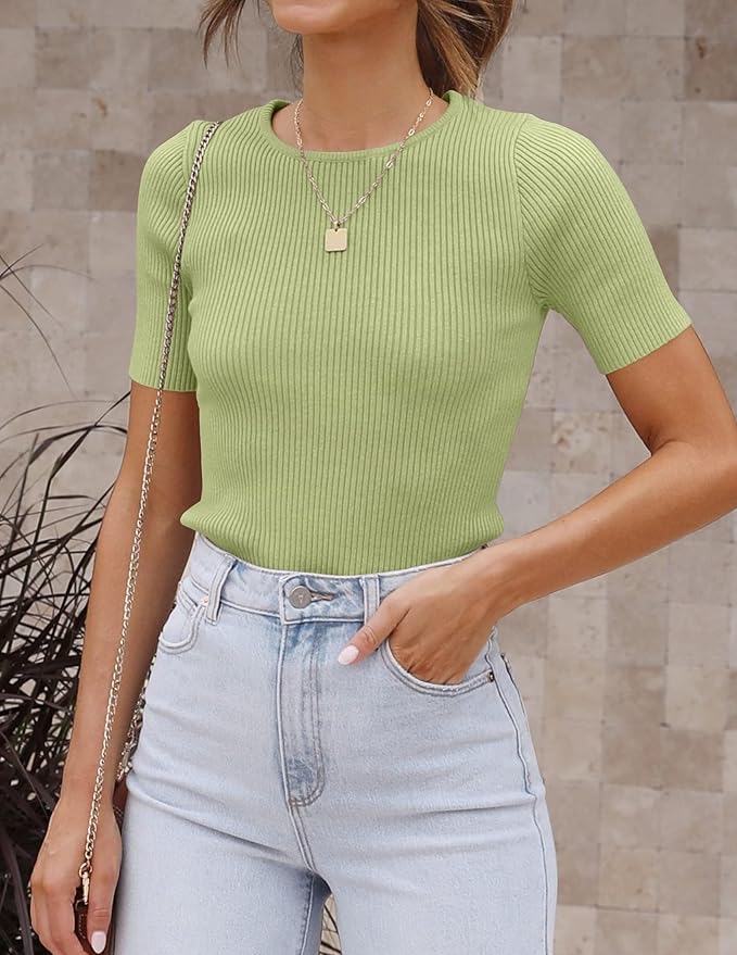 ZESICA Women's Short Sleeve Sweater Tops 2026 Summer Crewneck T Shirt Ribbed Knit Slim Fit Basic Solid Color Tee