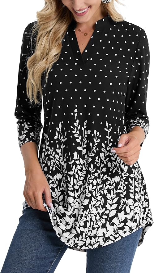 BAISHENGGT 3/4 Sleeve Tops for Women Notch V Neck Floral Work Blouses Dressy Casual Loose Fit Going Out Tunic Tops