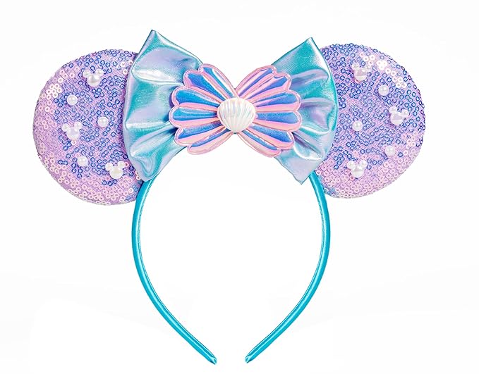 WW-WONDERFULWORLD Purple Mermaid Mouse Ears Headbands With Shiny Sequins & Shell & Pearl Exquisite Decoration, for Costume Cosplay Glitter Party; BK-Z