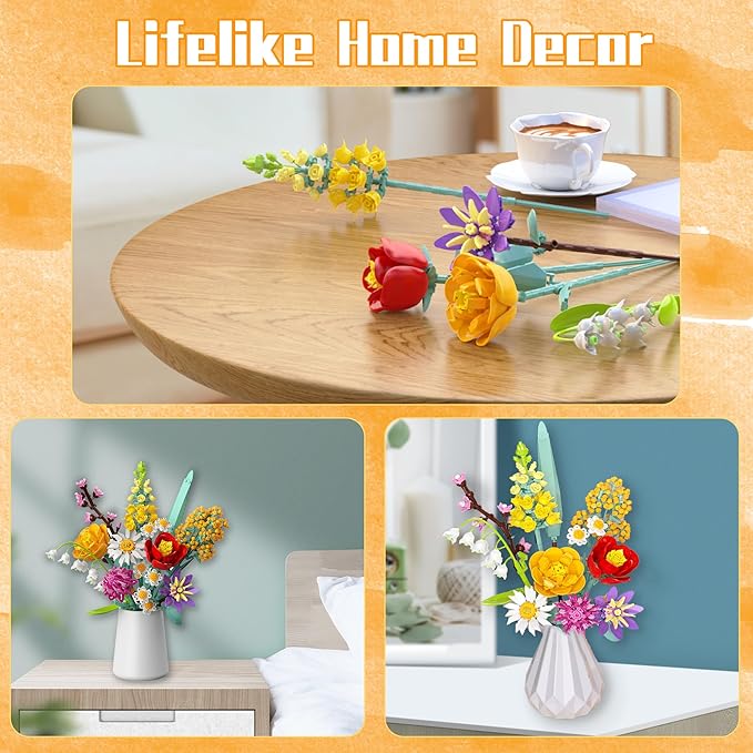 Flowers Bouquet Building Set, 1070PCS Wildflower Botanical Collection Kit, Artificial Plant Flower Toy for Women Kids Girls, Home Office Decor Gift for Valentine's Day, Mother's Day, Christmas