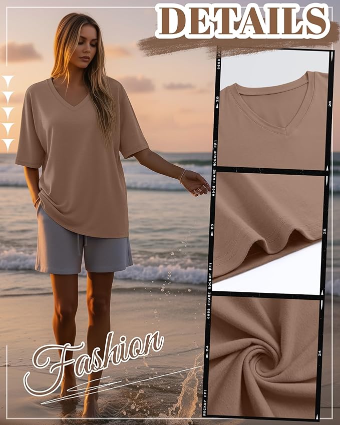 Huukeay Women's Cotton Oversized T Shirts 3 Pack V Neck Loose Fit Half Sleeve Tops Baggy Casual Summer Gym Workout Tees 2026