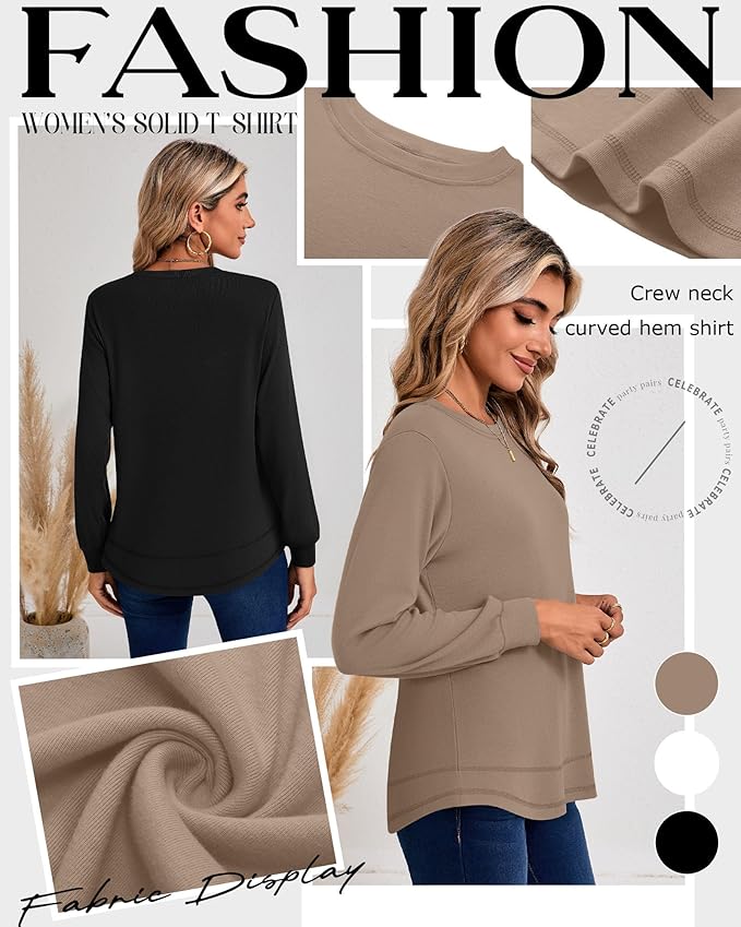 Ficerd 3 Pack Women's Long Sleeve Shirts, Cotton Crew Neck Tunic Tops Casual Loose Fit Pullover Sweatshirts Curved Hem Shirts