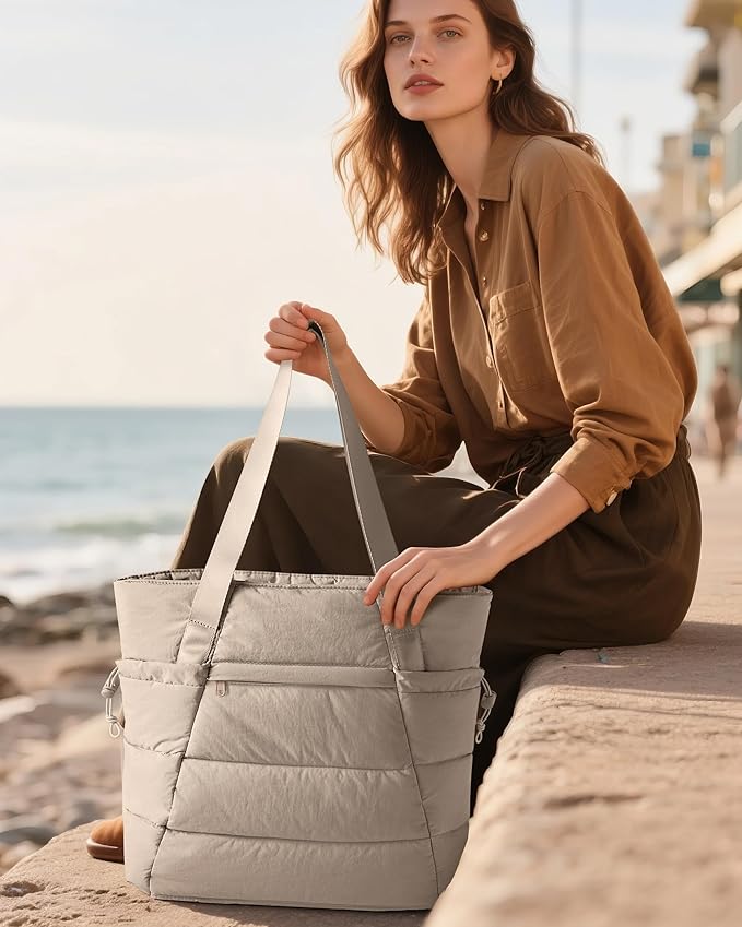 Puffer Tote Bag for Women, Lightweight Tote Bag for Work and School, Khaki