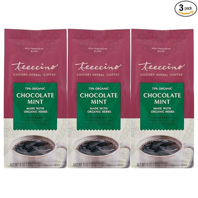 Teeccino Chocolate Mint Chicory Coffee Alternative - Ground Herbal Coffee That’s Prebiotic, Caffeine Free & Acid Free, Light Roast, 11 Ounce (Pack of 3)